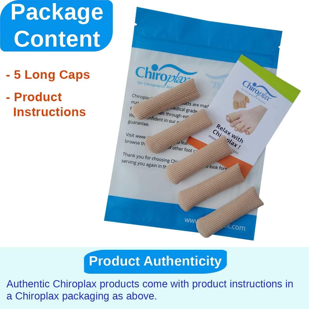 Chiroplax Toe Caps Sleeves Cushions Protectors Tubes Fabric & Gel Lining Finger Toe Separator for Bunion, Hammer Toe, Callus, Corn, Blister (Medium, 5 Pack)