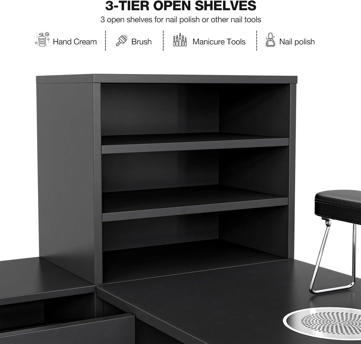 Manicure Table with Shelves, L-Shaped Nail Table Station w/Electric Downdraft Vent, Foldable Nail Arm Rest, Storage Cabinets, Drawers, Metal Handles & Legs for Nail Tech(Black New)