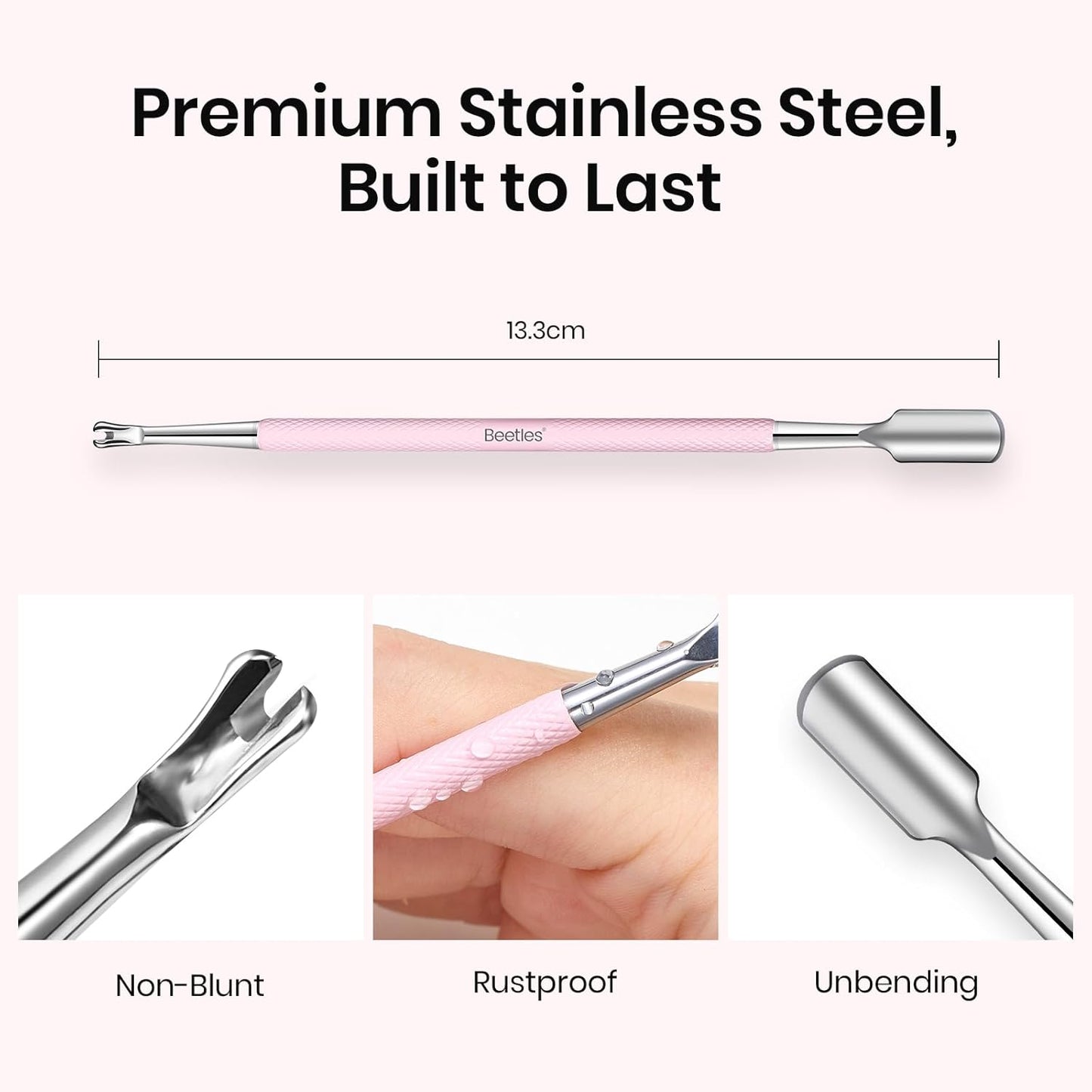 Beetles Cuticle Pusher Dual Ended Cuticle Remover with Round End Push Back Cuticles Fork End Remove Lifted Cuticles Nail Prep Tool Stainless Steel Pink Two in One Dead Skin Nail Scraper