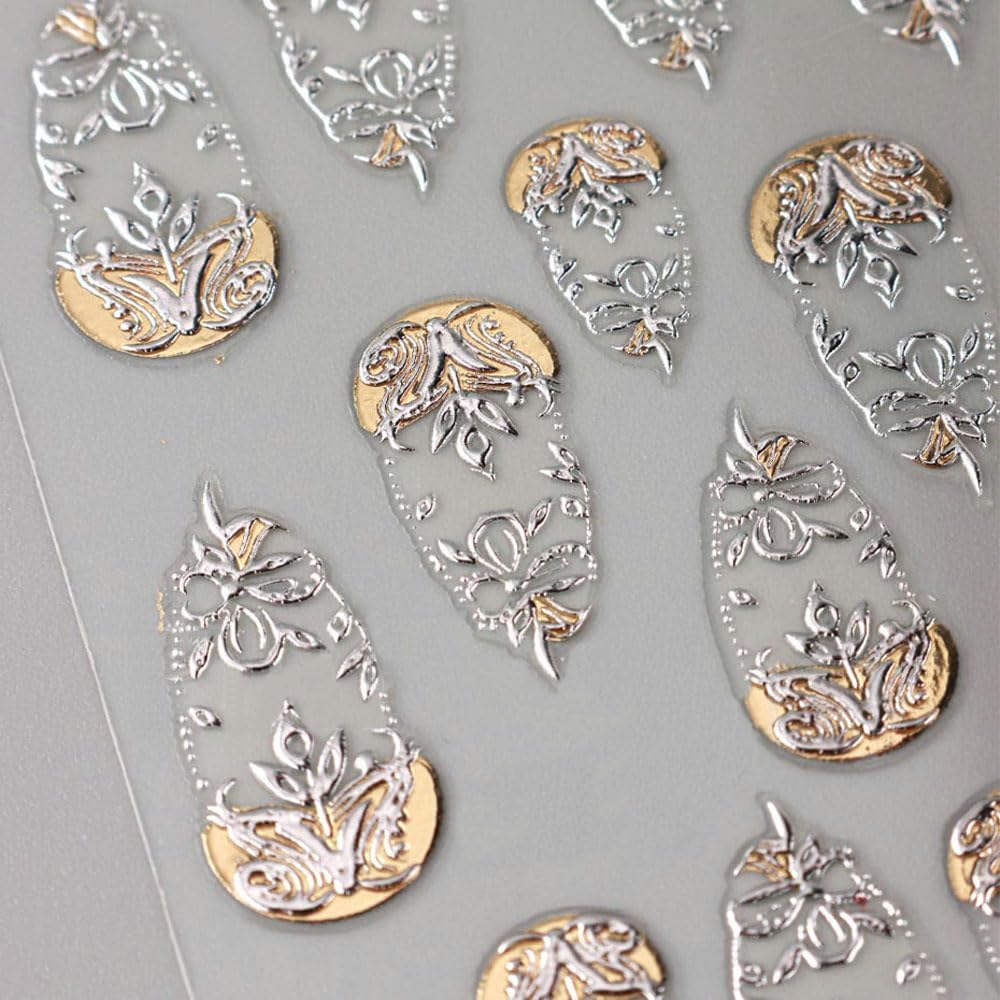 4 Sheets Gold Flower Nail Art Stickers, 5D Embossed Acrylic Decals French Carving Floral Heart Tree Self-Adhesive Nail Art Supplies for Women Girls Designs DIY Manicure Decoration