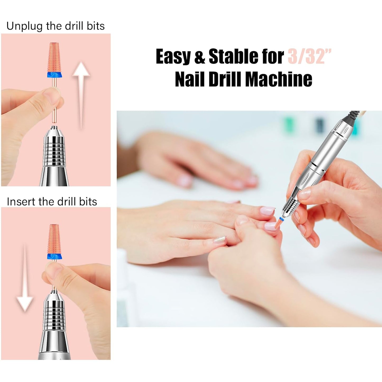 Depvko Super Long 5 in 1 Nail Drill Bits, 3/32'' Carbide Tungsten Bits, Two Way Rotate Professional Advanced Safety Bits for Nail, Fast Remove for Manicure Pedicure (Classic 5in1-Rose Gold, Medium-M)