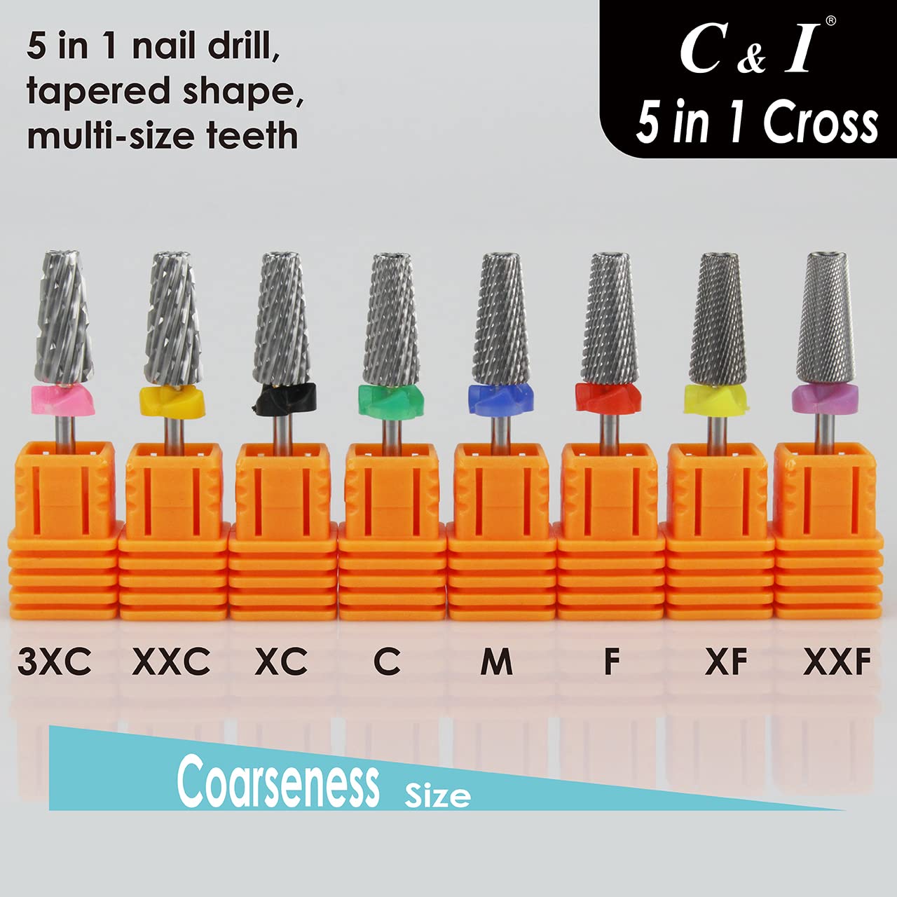 C & I 5 in 1 Multi-Function Tapered Shape Nail Drill, Cross Teeth Edition, Professional Drill Bit for Nail Manicure Machine (Extra Fine - XF)