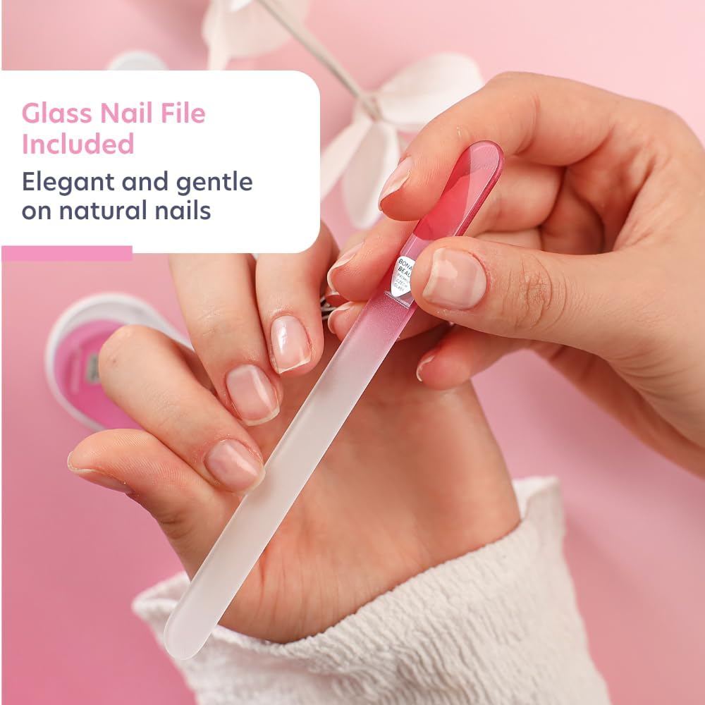 Glass Nail File Set by Bona Fide Beauty - Ergo File - Premium Nail Care Tools Genuine Czech Glass (Pink)