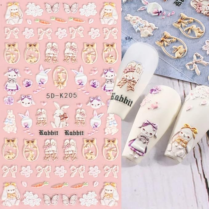 SINSEN Easter Nail Art Stickers Cute Bunny Nail Decals, 3Sheets 5D Embossed Easter Day Nail Art Supplies Cartoon Rabbit Butterfly Flower Nail Stickers for Acrylic Nails Women Easter Nail Decorations