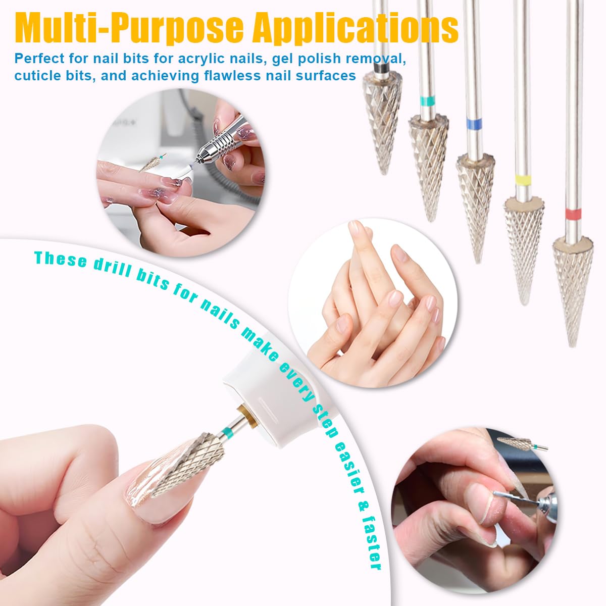 5Pcs Tungsten Carbide Nail Drill Bits Set, 3/32" Shank Fine Drill Bit for Acrylic Nails, XC, C, M, F, XF, 5 in 1 Drill Bits for Nail Care, Gel Removal, Cuticle Polishing