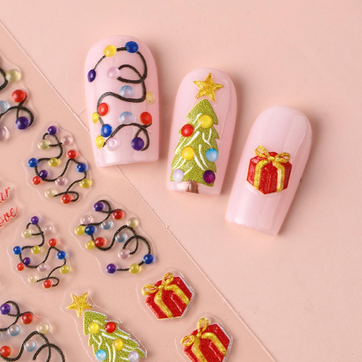 Christmas Nail Art Stickers 5D Embossed Colorful Light Nail Decals 2PCS Xmas Tree String Light Gift Box Self-Adhesive Xmas Nails Design Nail Art Supplies Stickers for Women Manicure Decorations