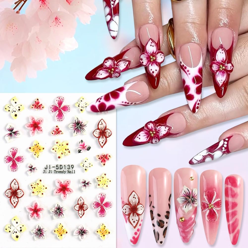 Flower Nail Art Stickers Decals 5D Embossed Nail Decals, 5 Sheets Colorful Flower Spring Summer Hibiscus Lily Floral Nail Art Design Self-Adhesive Nail Supplies Manicure Decorations for Women Girls
