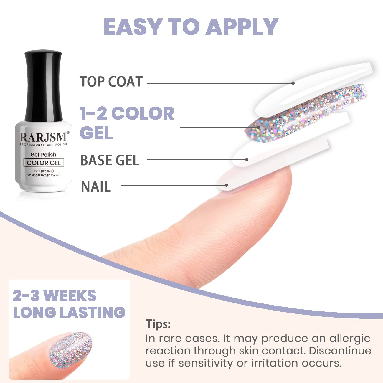 RARJSM Glitter Gel Nail Polish Silver Sparkly Iridescent Glitter Gelpolish 15ml Chunky Shimmer Holographic Rainbow Effect Soak off L e d U V Curing Required High Pigments for Salon DIY Manicure