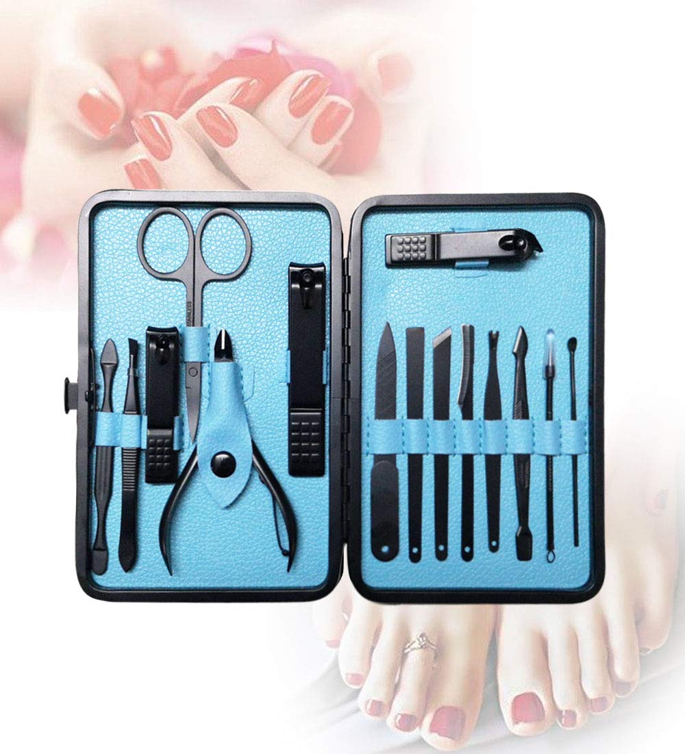 Nail Clippers Sets High Precisio Stainless Steel Nail Cutter Pedicure Kit Nail File Sharp Nail Scissors and Clipper Manicure Kit Fingernails & Toenails with Portable Stylish case (Blue 15-Piece)