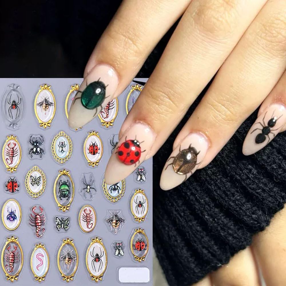 2 Sheets Nail Stickers for Nail Art, Spring Summer 5D Embossed Insect Nail Decals Centipede Spider Butterfly Golden Edge Design Self-Adhesive Nail Supplies Nail Art Accessories