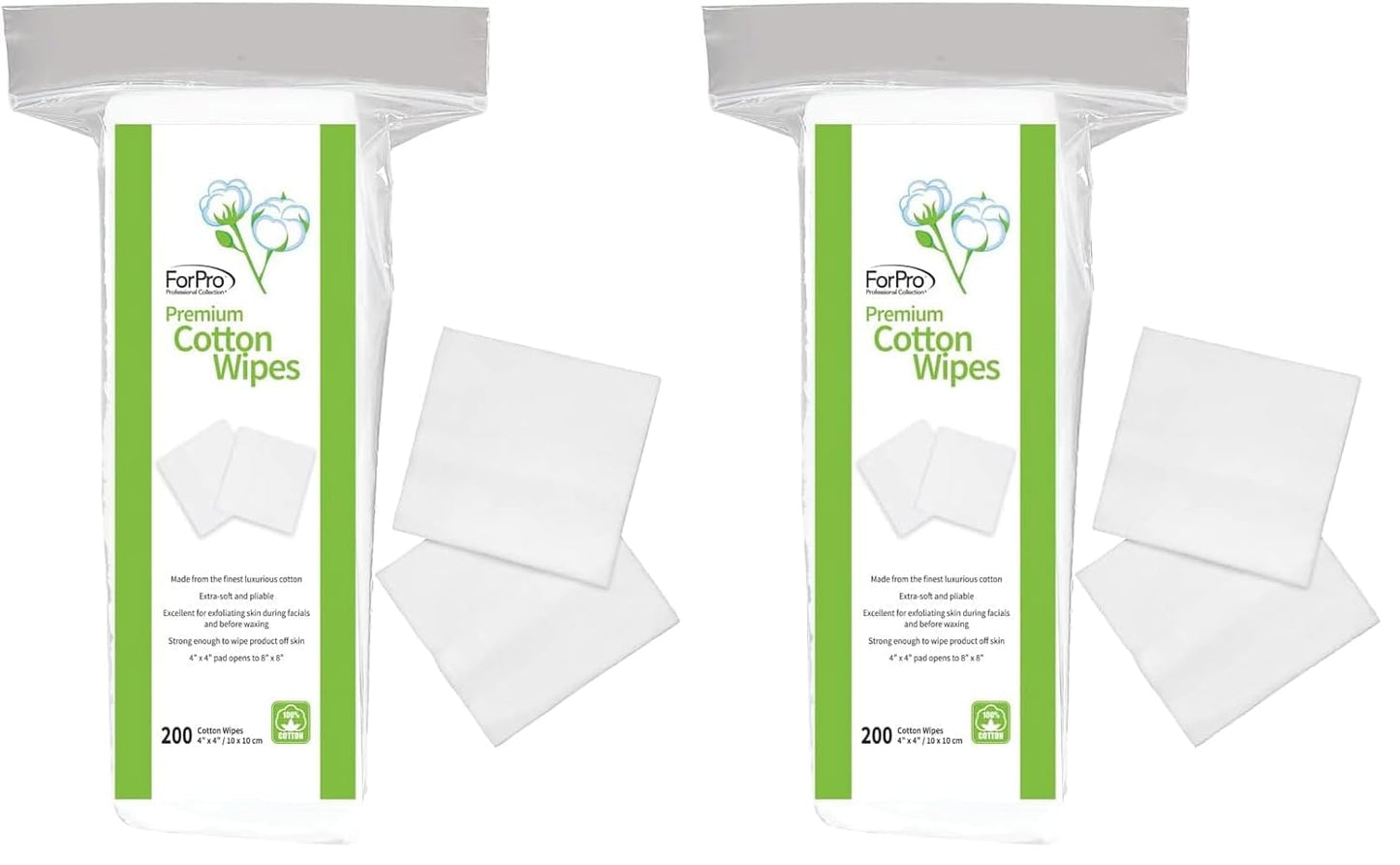 ForPro Premium Cotton Wipes, 100% Cotton, Extra-Soft, for Cosmetic, Nail, and Personal Care, 4” x 4”, 200-Count (Pack of 2)