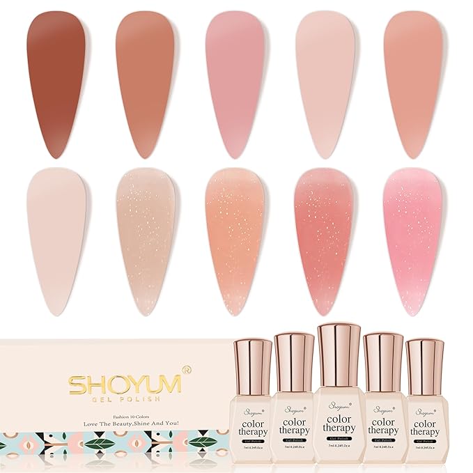 Jelly Nude Gel Nail Polish Set 10Pcs Neutral Skin Color Rose Maple Red Shimmer Gel Polish Kit Semi-Transparent Nail Polish Fall Nail Gel UV LED Soak Off Home DIY 7ml