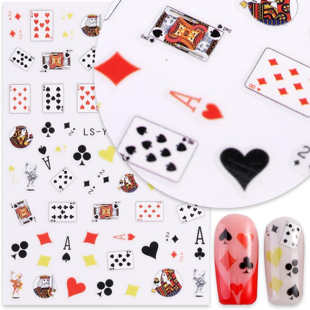 3D Self-Adhesive Nail Stickers - Poker Theme with Hearts & Diamonds, Trendy Fashion Nail Art Designs for Women A Set of 2 Sheets
