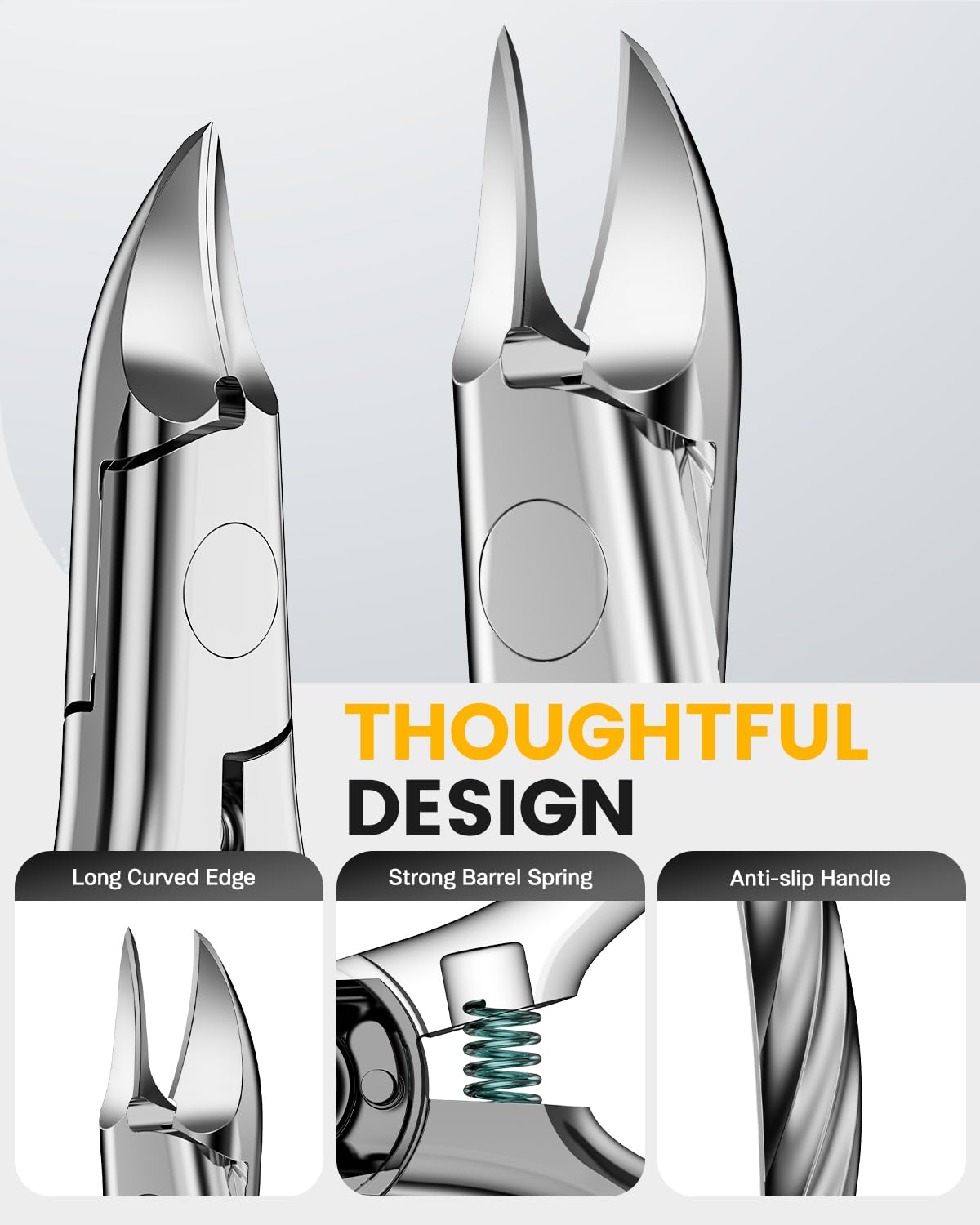 BEZOX Ingrown Toe Nail Clippers for Thick Toenails for Seniors, Wide Opening Jaws Toenail Clipper for Thick Nails, Deep-Reach Curved Blade Toenail Scissors - Silver