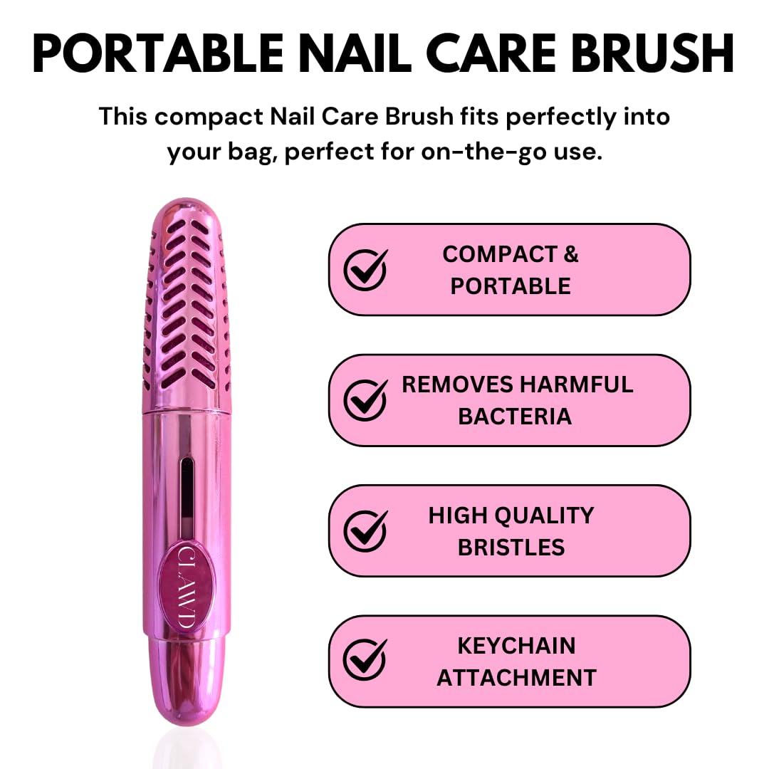 CLAWD Nail Brush for Cleaning Fingernails | Soft Bristle Portable Travel Nail Cleaner Brush for Women | Pink