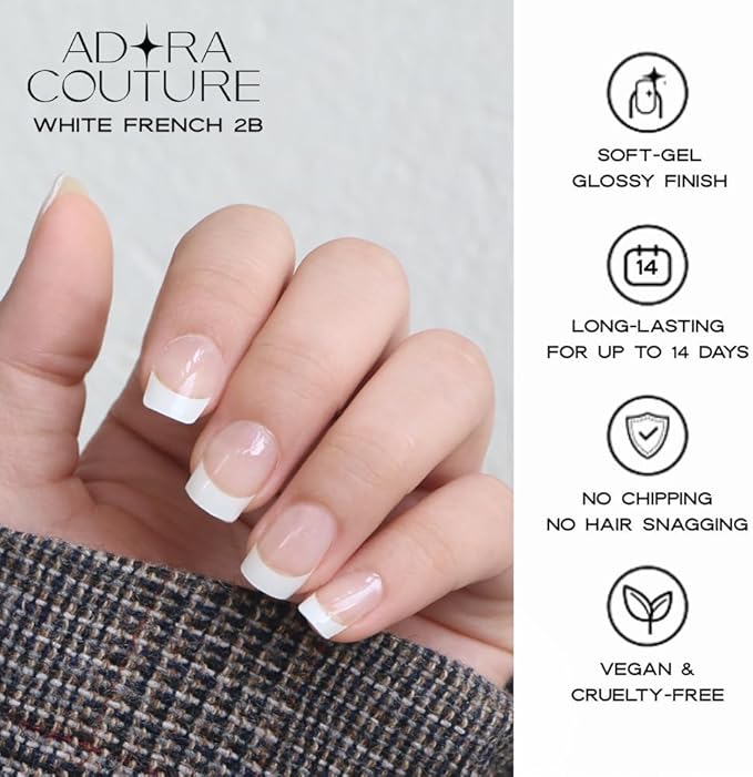 Semi Cured Gel Nail Strips with 30 Pieces - UV Gel Stickers, Manicure Kit, Easy Application Wraps Includes Prep Pads, Nail File, Wooden Stick - UV Light Required (White French 2B)