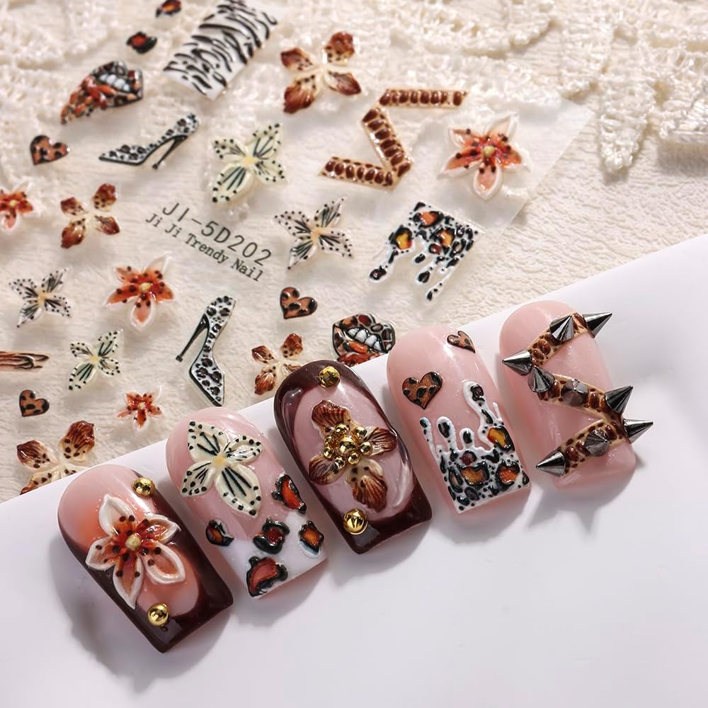 Flower 5D Embossed Nail Art Stickers Decals, 4 Sheets Autumn Winter Brown Hibiscus Flowers Tropical Floral Leopard Print Nail Art Design Self-Adhesive Nail Supplies for Women Girls