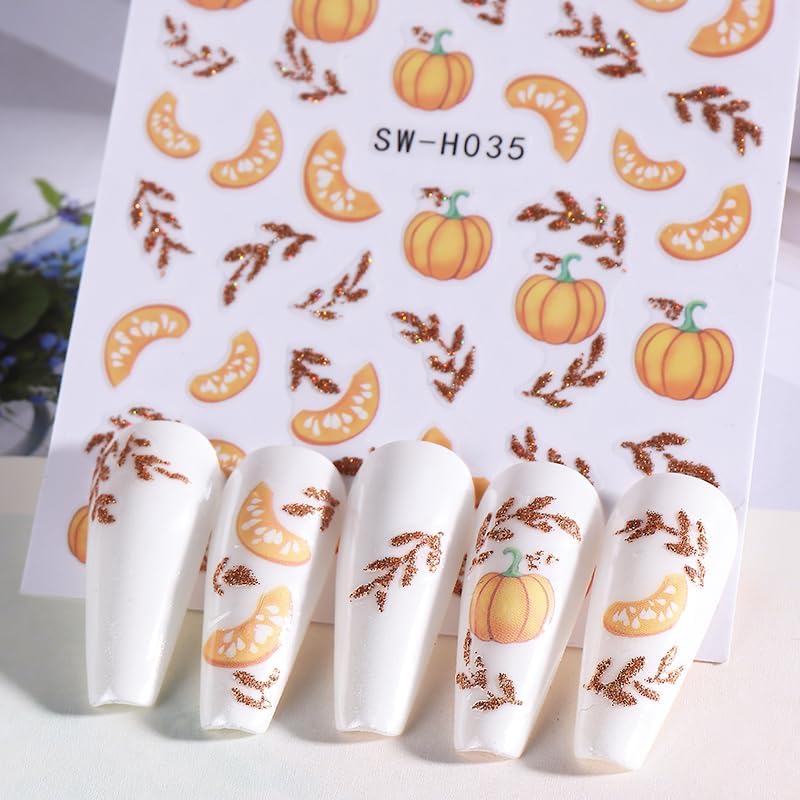 Pumpkin Nail Art Stickers Fall Maple Leaf Nail Decals 6PCS Maple Leaves Pumpkin Nails Design 3D Self-Adhesive Nail Art Supplies Fall Stickers for Nails Thanksgiving Day Women DIY Manicure Decorations