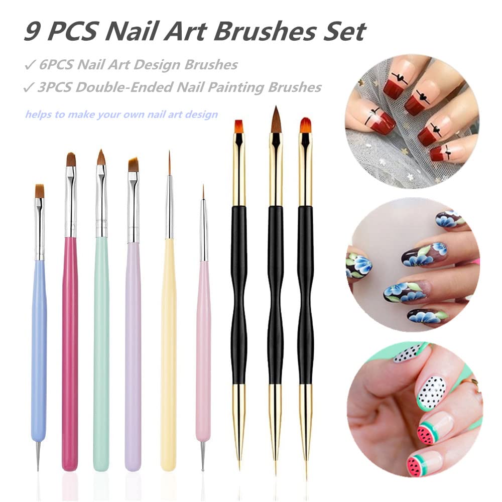6 PCS Nail Art Brushes Set with 3 PCS Nail Painting Brushes, Double Ended Brush and Dotting Tool Kit, Nail Art Design Tools