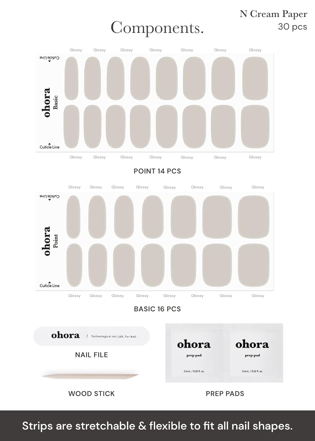 ohora Semi Cured Gel Nail Strips (N Cream Paper) - Nude, Solid, Works with Any UV/LED Lamps, Salon-Quality, Long Lasting, Easy to Apply & Remove - Includes 2 Prep Pads, Nail File & Wooden Stick