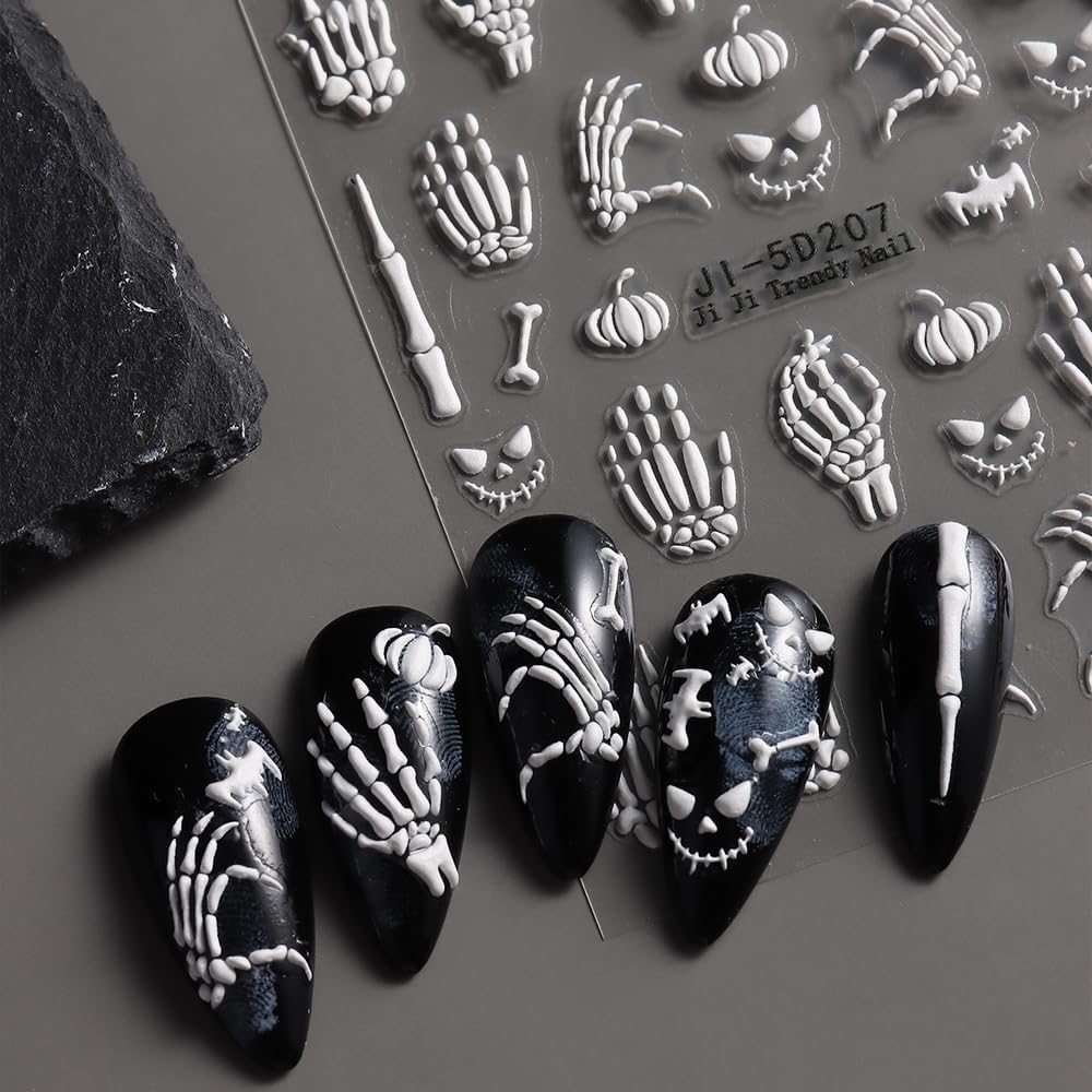 Halloween Nail Art Stickers Decals 5D Embossed Finger Bone Nail Decals 3PCS Fantasy Bone Pumpkin Bat Design Halloween Nail Stickers Nail Art Supplies for Women Holiday DIY Manicure Decorations