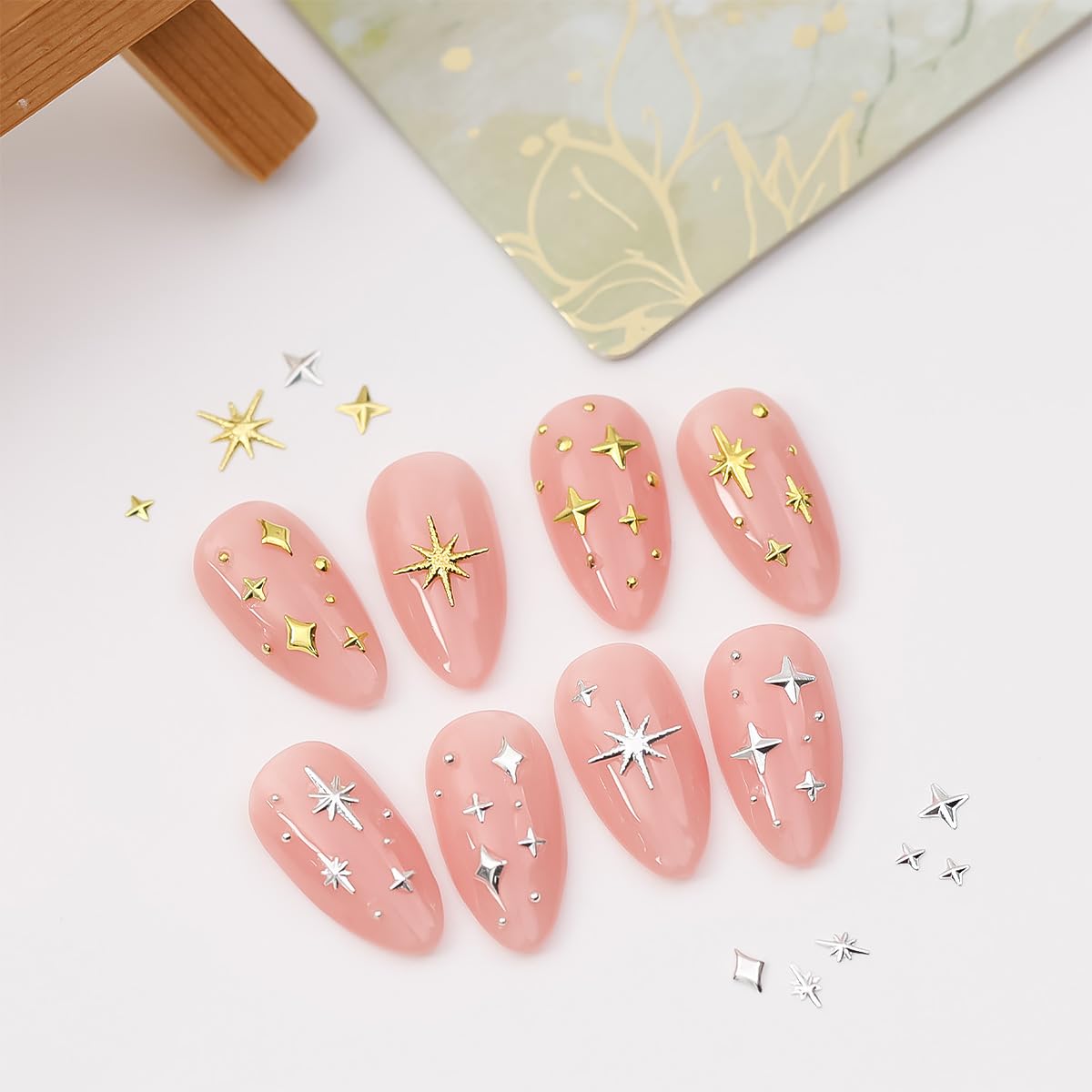 400Pcs 3D Gold Silver Star Nail Art Charms Metallic Studs Rhinestones Bling Gems Decorations Manicure Kit Art Supplies Accessories for Women Girls Acrylic Nails