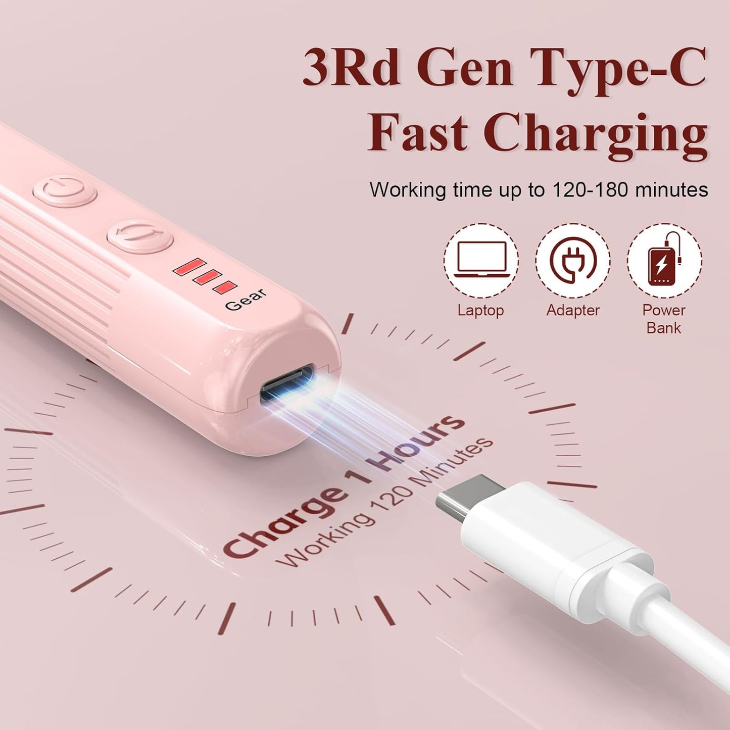 Professional Nail Drill Set, 2,0000 RPM Electric Nail File with 12 Grinding Head & 100Pcs Sanding Bands for Acrylic Gel Nails, Manicure and Polishing (Pink)