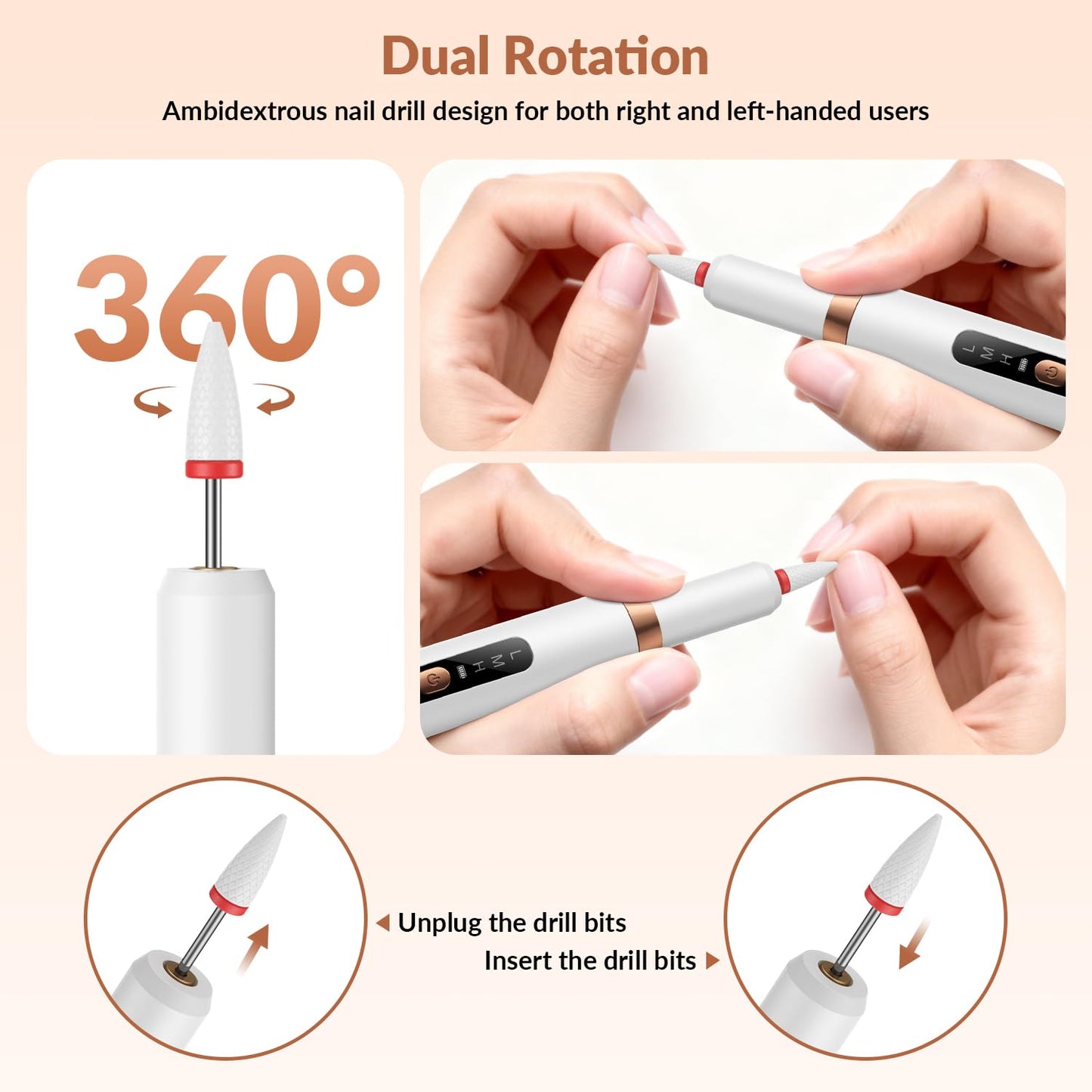 Portable Electric Nail Drill Professional - 30000RPM Cordless Electric Nail File, Manicure Pedicure Kit for Acrylic Nails & Gel Polish Removal, Rechargeable with 12 Drill Bits for Salon and Home