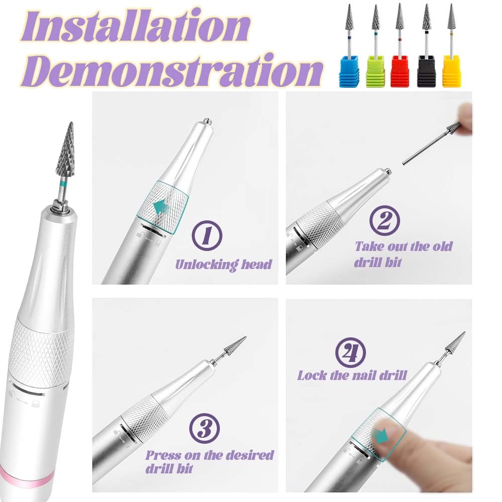 Yakamoz 5Pcs Tapered Nib Nail Drill Bits Set - 3/32’’ Carbide Tungsten Safety Electric Nail File for Remove Cuticle Gel Polishing, Manicure and Pedicure (XC, C, M, XF, F)