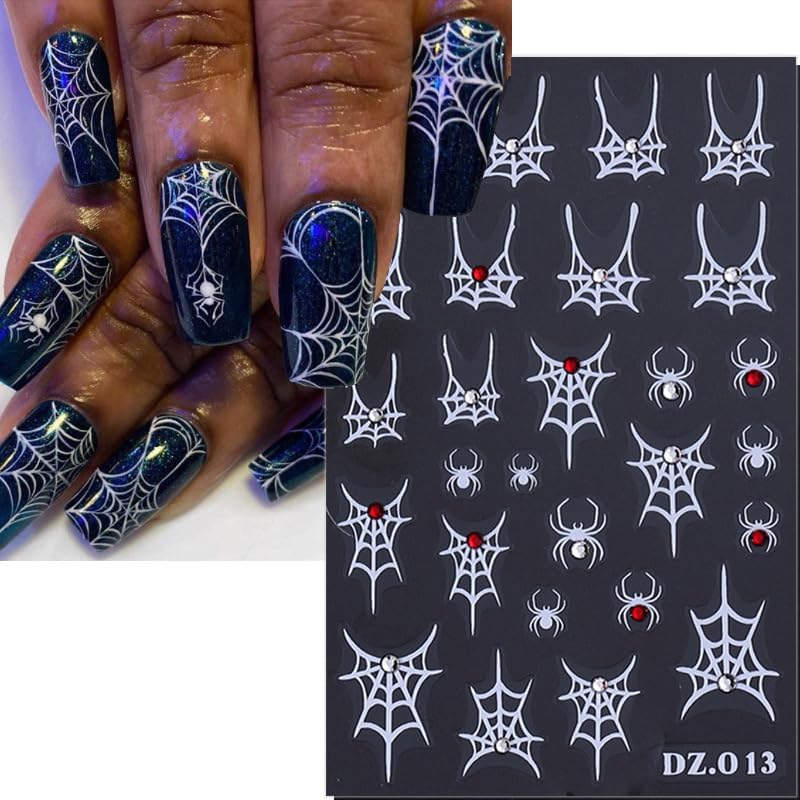 4 Sheets Spider Web Nail Stickers 3D Self-Adhesive Halloween Nail Art Stickers Laser White Silver Gold Spider Web with Rhinestones Horror Design Goth Nail Decals Nail Supplies for Women Acrylic Nail