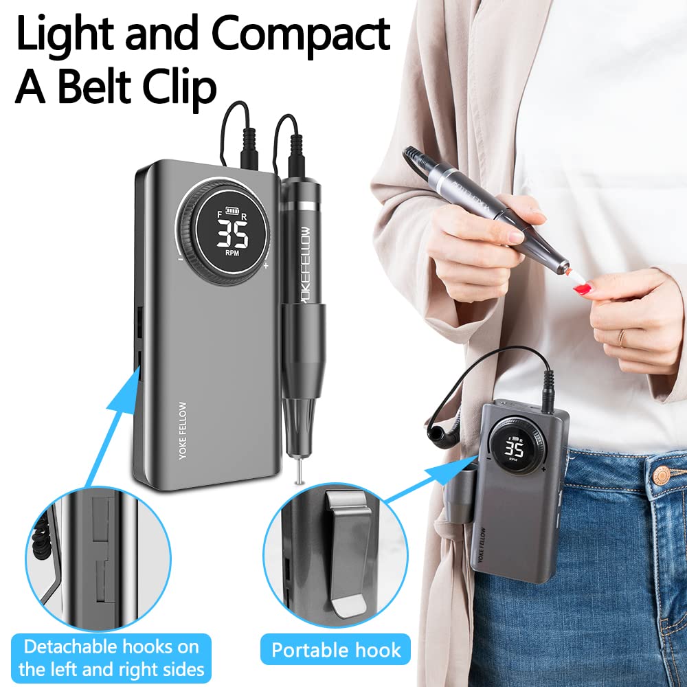 YOKE FELLOW Rechargeable Nail Drill - 35000 RPM Nail Machine with 12 Bits for Manicure Pedicure Salon Home Use