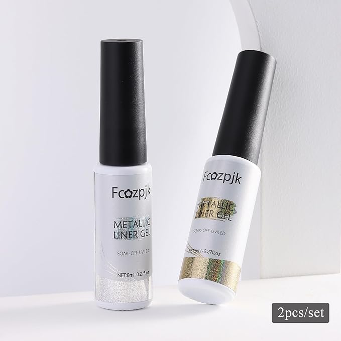 Gel Liner Art Set 2PCS Sparkle Glitter Silver Gold Gel Polish 8ml Soak Off UV Painting with Built in Thin Nail Brush Swirl Nails Design Dotting Drawing French Manicure Tip Tool
