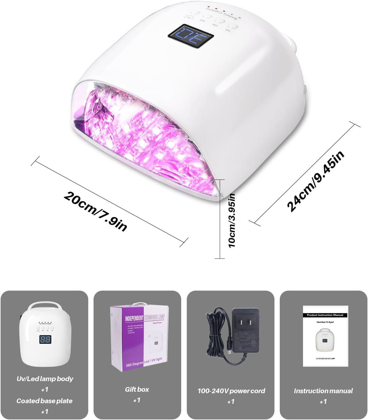 Upgraded Professional Rechargeable UV LED Nail Lamp with 4 Timer,18000mAh Long Battery Life, Electroplated Reflective Base and Inner Wall,Fast Dry Nail Dryer (White JC22-Pro)