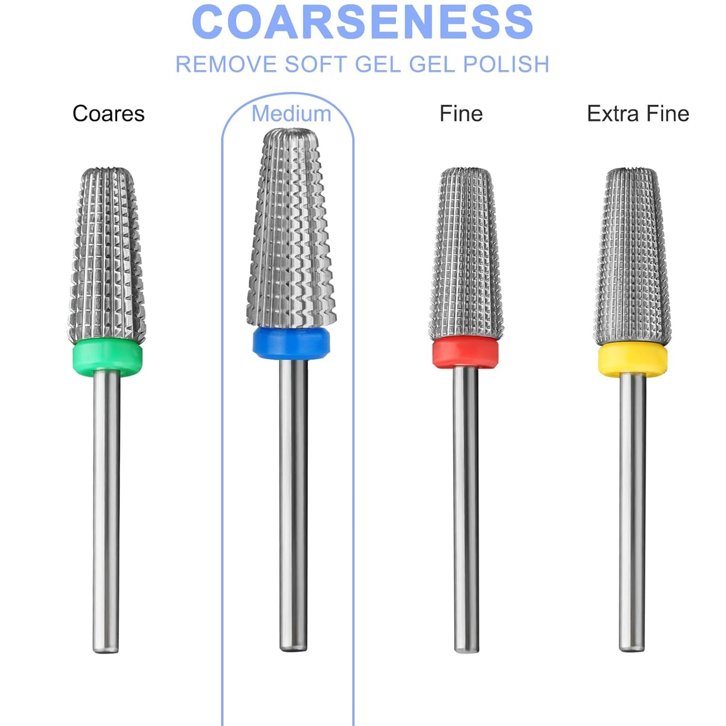 5 in 1 Nail Drill Bits 3/32" Carbide Tungsten Bit Suitable for Manicure Pedicure Cuticle Gel Polishing Fast remove Acrylic or Hard Gel Technicians Bits (Medium - M, Silver)