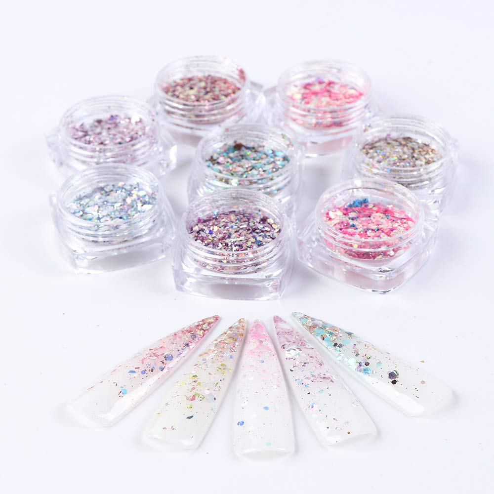 Holographic Nail Art Sequins Glitter Kits 8 Boxes 3D Nails Glitter Metallic Shining Flakes Acrylic Powder Dust Sequins for Nails Decoration Holographic Manicure Tips (Pink)