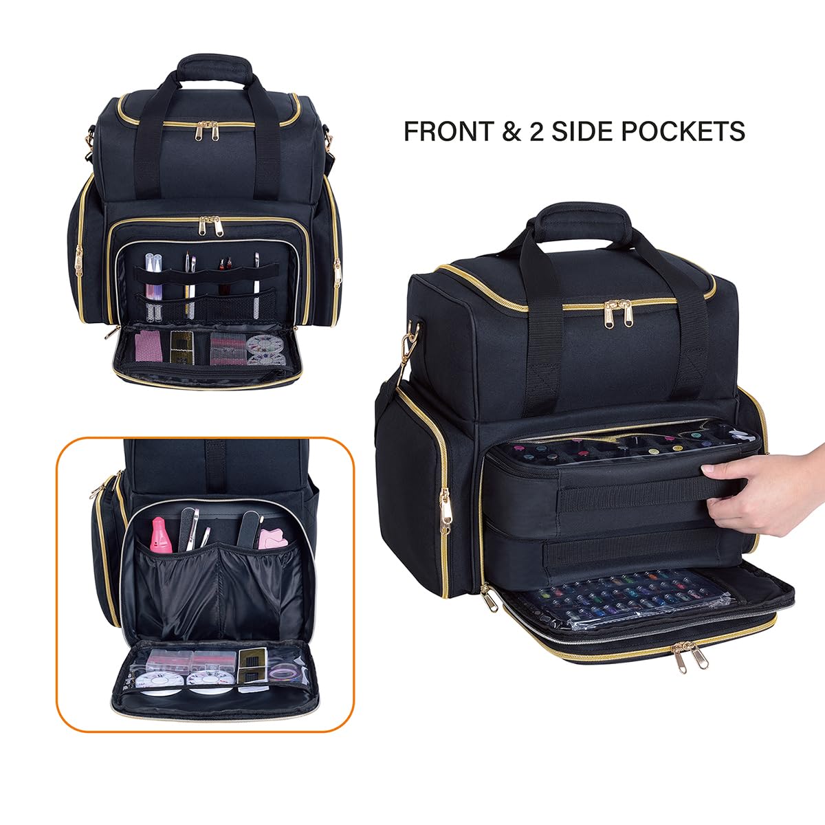 Nail Polish Organizer Case Holds 80 Bottles(15ml/0.5fl.oz) Portable Travel Storage Box with 2 Detachable Bags, Designed for Women's Nail Tools, Essential Oils and Cosmetics Sets(Black)