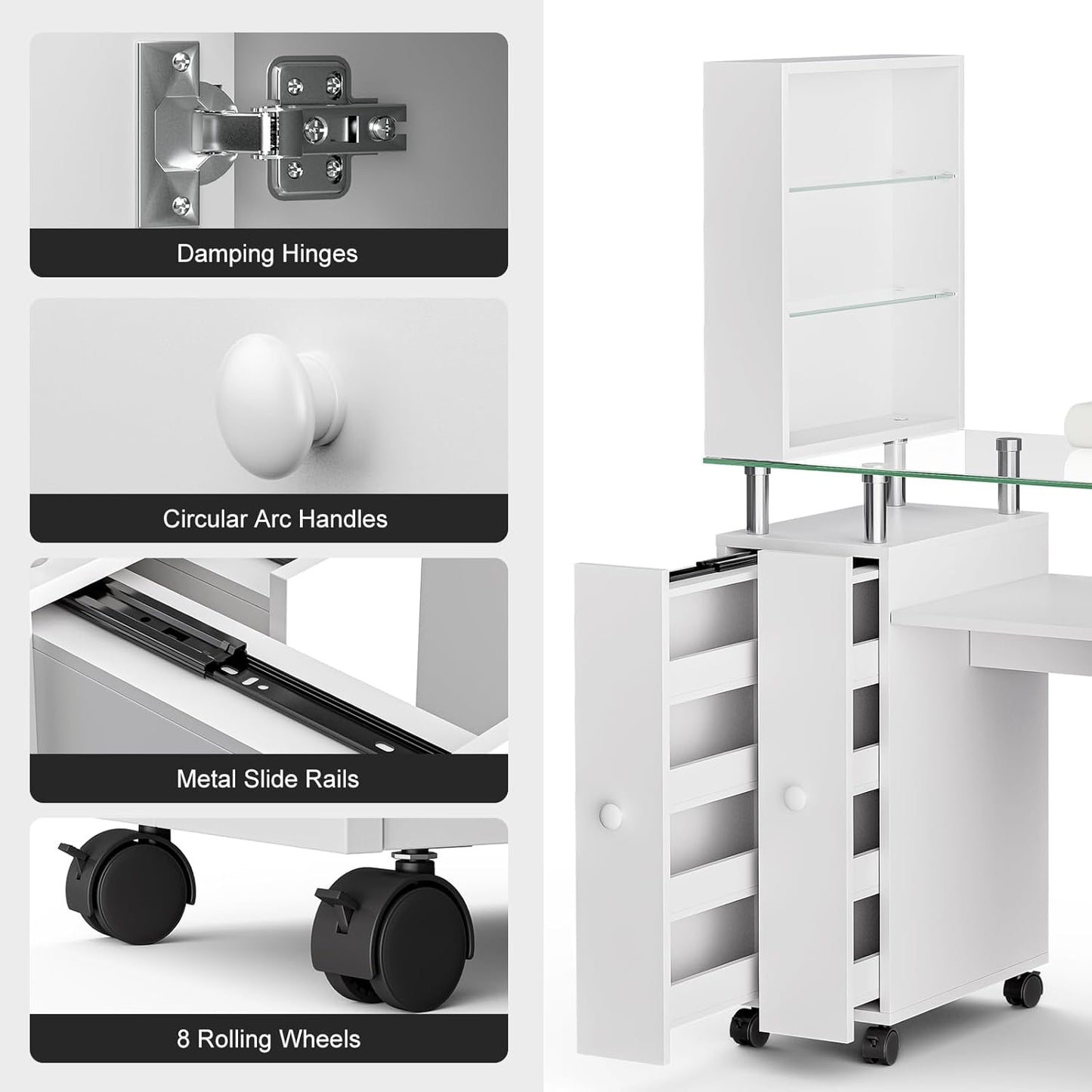 Paddie Manicure Table Nail Tech Table, Glass Top Nail Desk Station for Nail Tech w/Shelves & Wrist Cushion, Acetone Resistant Beauty Salon Workstation w/Lockable Wheels(White)