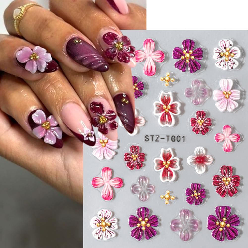 Flower Nail Art Stickers, 5D Embossed Hibiscus Flower Nail Decals Colorful Aurora Gradient Ice Transparent Flowers Design Self-Adhesive Summer Stickers DIY Engraved Manicure Foils Nail Art 2 Sheets