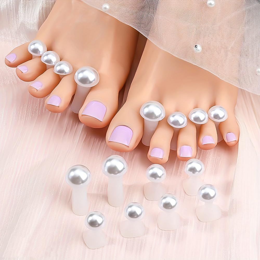 8pcs Pearl Toe Separators Silicone for Pedicure Nail Polish Gel Foot Toe Spacers Pedicures Nail Art Tools (8 White Pearls)