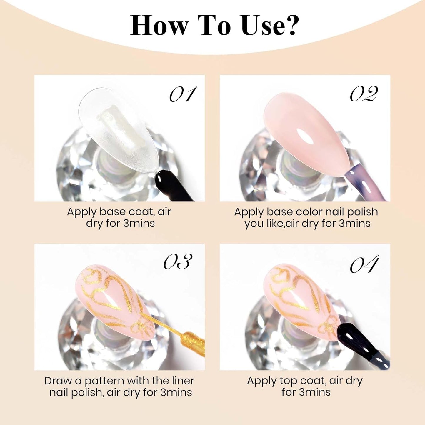 Gold Nail Polish Liner, Air Quick Dry, Chrome Metallic Nail Lacquer Non Gel Liner, Glitter Build-in Thin Brush Nail Art, 12ml