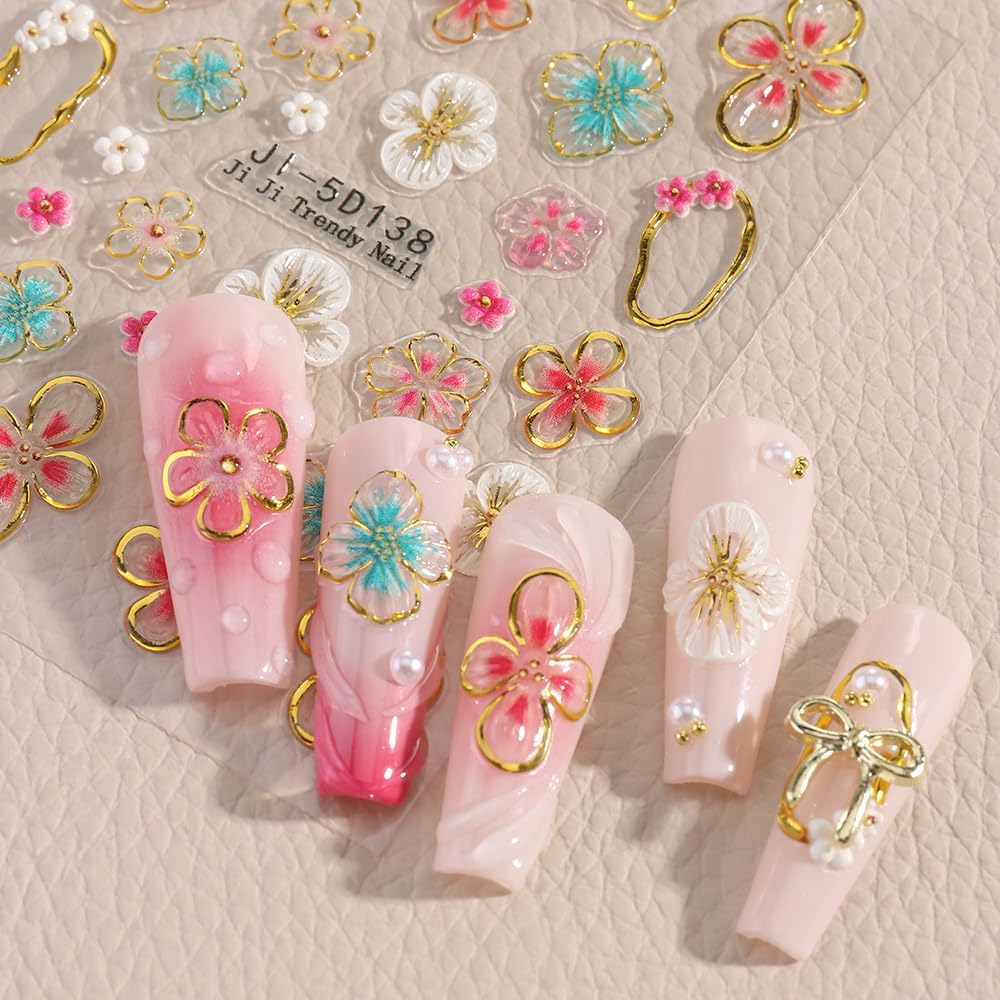 4 Sheets Embossed Flower Nail Art Stickers - Self-Adhesive Nail Decals, Colorful Floral Petals, 5D Acrylic Carved Design for Women & Girls Manicure Decoration