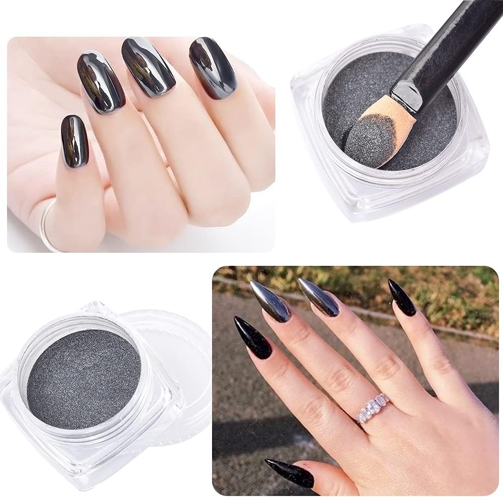 Chrome Nail Powder Metallic Mirror Effect Nail Powder Nail Art Chrome Black Mirror Powder Shiny Ultra Thin Dazzling Pigment Dust Nail Glitter Metal Decor for DIY Nail Art Gel Polish 1g/Bottle