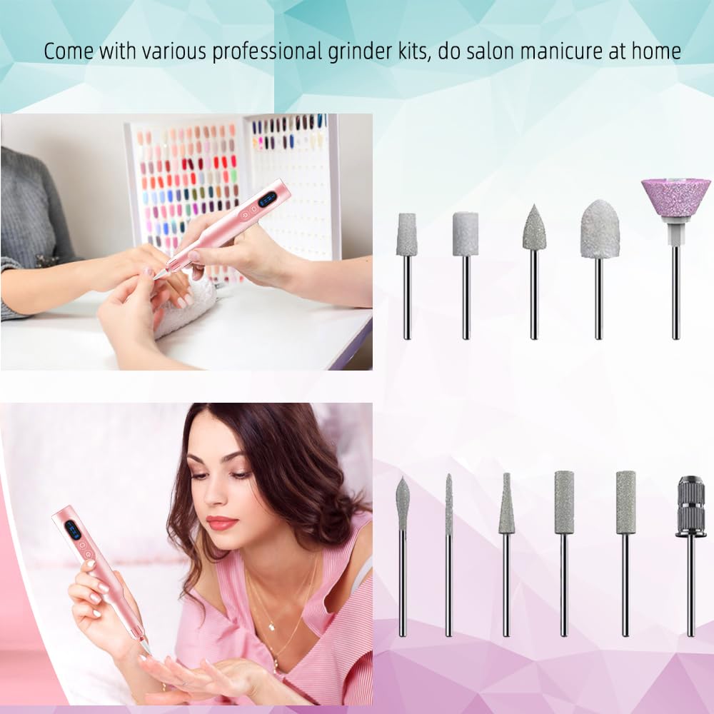 Pinkiou Electric Nail Drill, Cordless Electric Nail File ,Manicure Pedicure Kit for Acrylic,Gel Nails,Rechargeable Nail Drill,Professional Nail Grinder for Home Salon Use(Pink)