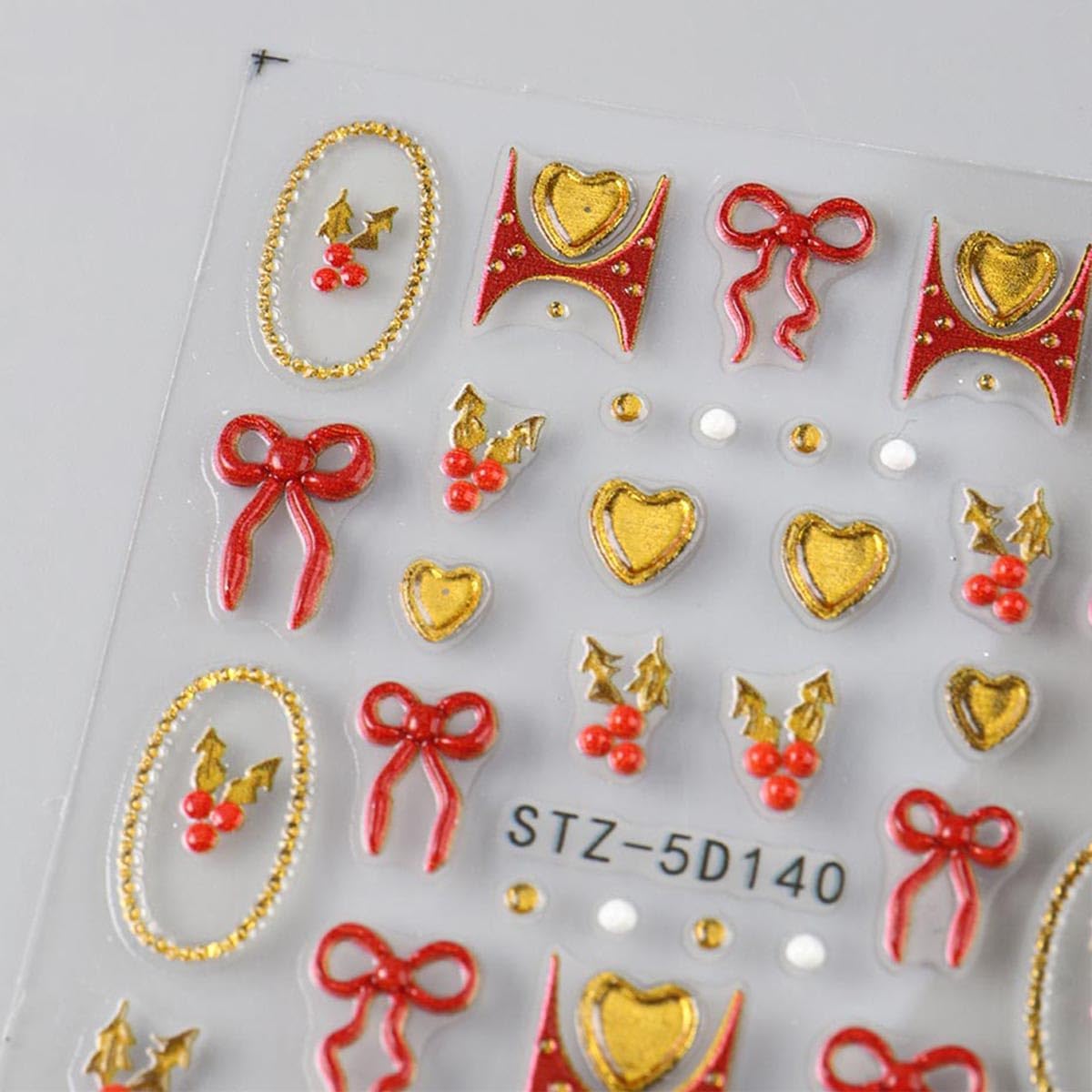 Christmas Nail Art Stickers Decals 5D Embossed Bow Nail Stickers 2PCS Red Gold Bow Heart Gold Circle Cherry Xmas Nails Design Self-Adhesive Nail Decals Manicure Supply for Women DIY Nail Art