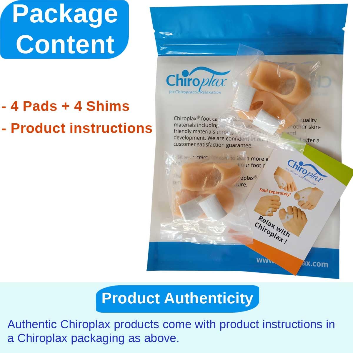 Chiroplax Bunion Corrector Pads Silicone Big Toe Separator Straightener Spacer for Women & Men Hallux Valgus Pain Relief Sleeve Cushion Splint Protector (4 Pads w/Shims - Medium)
