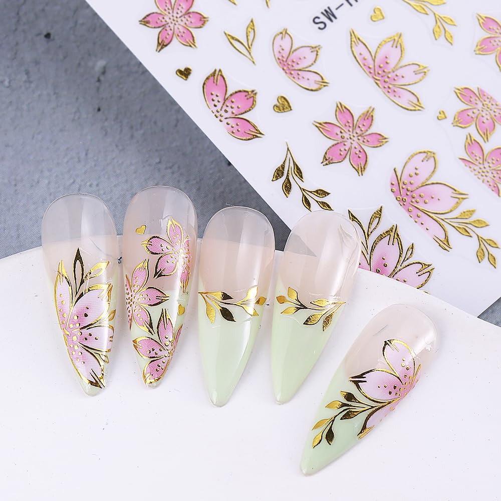 Flower Nail Art Stickers Decals 3D Pink Flower Nail Stickers Self-Adhesive Summer Nail Art Decorations Supplies 6PCS Bronzing Gold Edge Pink Purple Floral Petal Nail Decals Manicure Sliders for Women