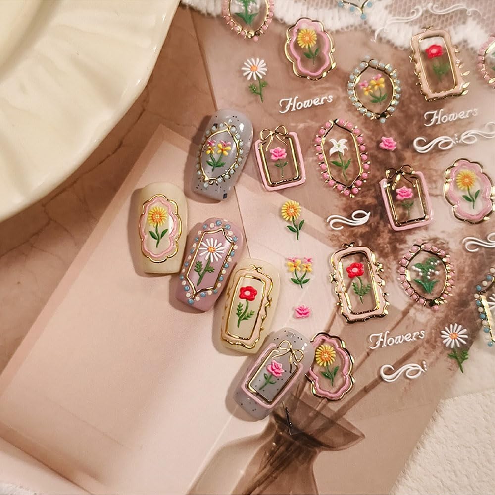 Tulip 5D Embossed Nail Art Stickers, Self-Adhesive Floral Design Decals with Golden Frames, Spring Summer Manicure Decorations for Women, 2 Pieces