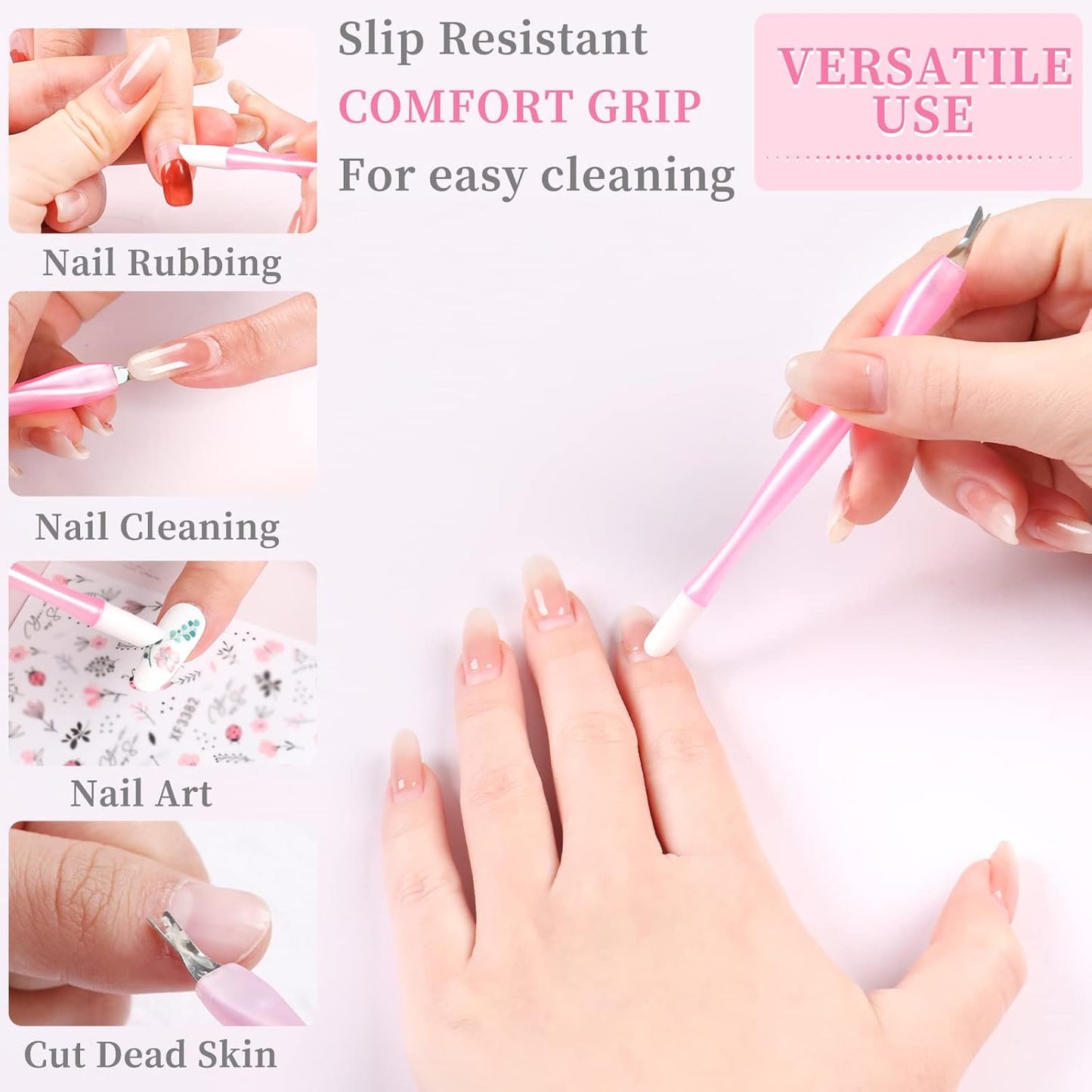 50Pcs Nail Cuticle Trimmer Rubber Nail Cleaner, Plastic Handle Cuticle Knife, Double End Nail Dead Skin Fork Cuticle Pusher Bulk Nail Art Cuticle Remover Tools(Pink)