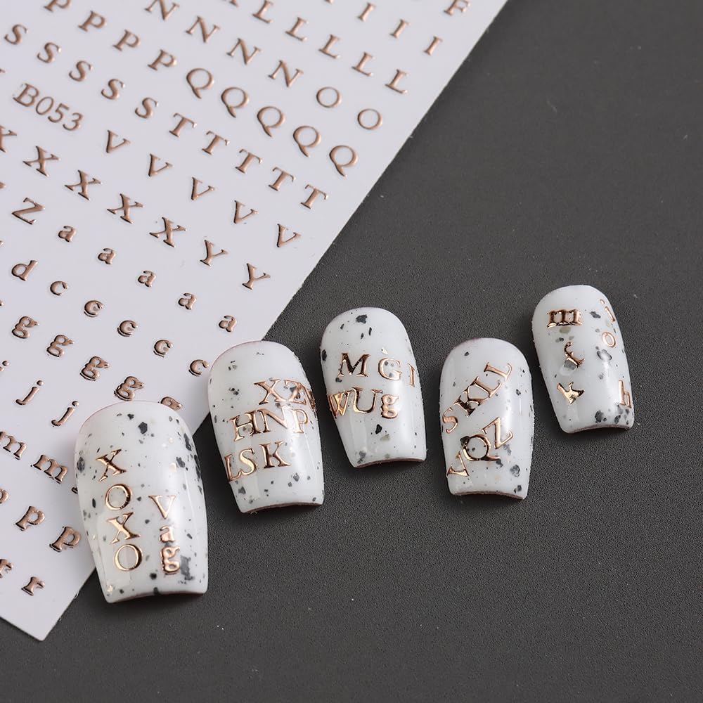 Letters Nail Art Stickers English Alphabet Nail Decals, 4 Sheets 3D Self-Adhesive Metallic Gold Silver Laser Rose Gold Alphabet Design Nail Art Supplies Manicure Decoration for Women Girls