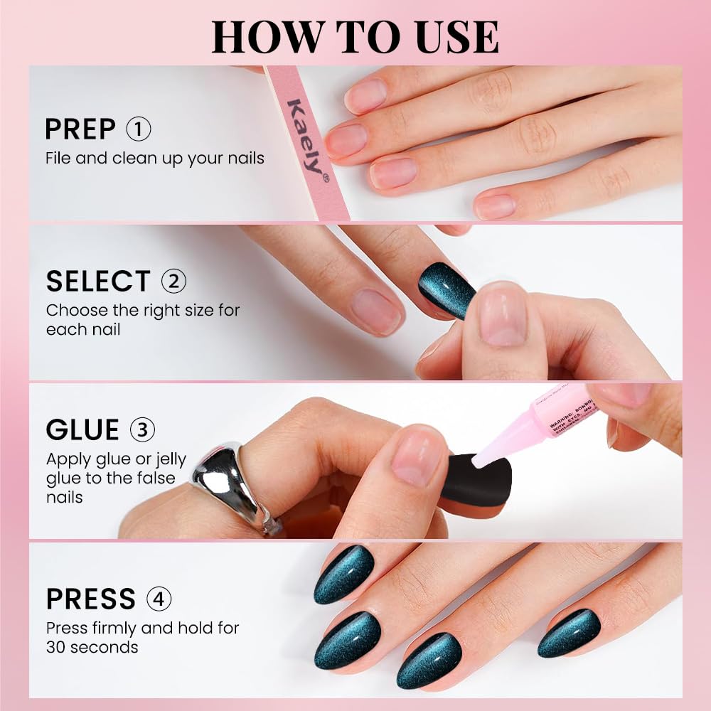 evpct Dark Blue Press on Nails Almond Short, Sapphire Blue Cat Eye Glitter Holographic Press on Nails, Soft Gel Press Glue On Nail with Nail Glue, Full Cover, 30Pcs Reusable Acrylic Fake Nails Kit